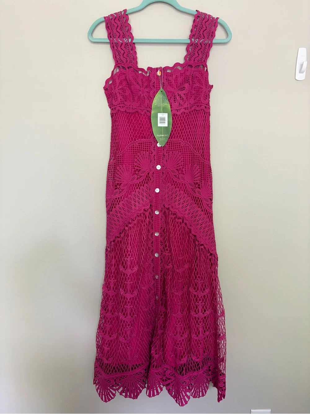 FARM Rio Hot Pink Crochet Button-Front Midi Dress - Picture 2 of 9